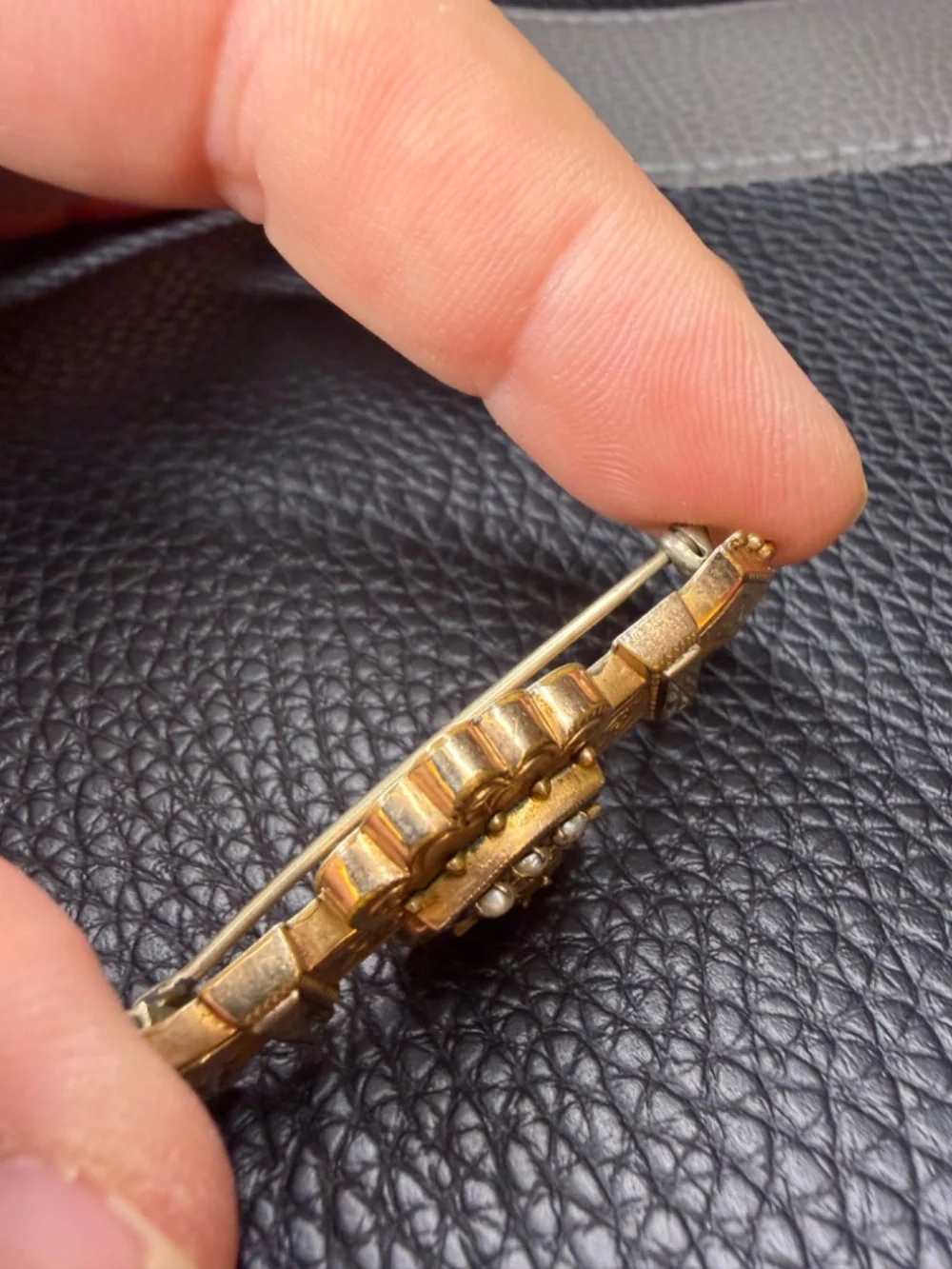 ORNATE Antique Victorian Edwardian Gold Filled Etched Bar Brooch Seed Pearls 2